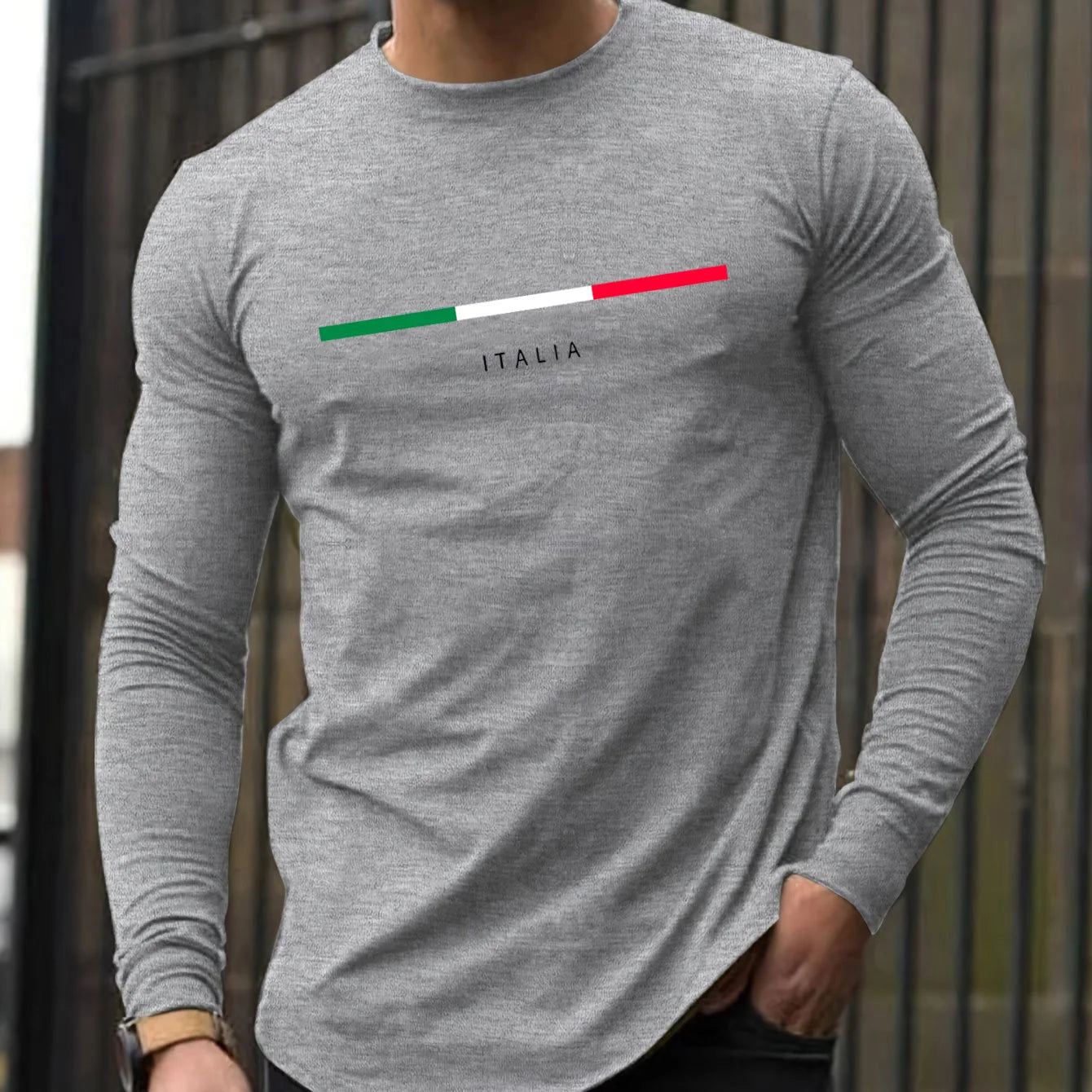 100% pure cotton men's long sleeved round neck loose ITALIA pattern printed spring and autumn casual versatile T-shirt top