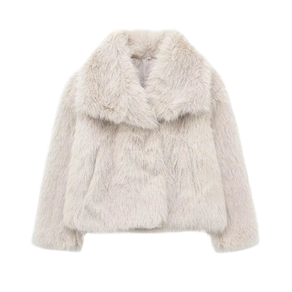 HH Women Fashion Cropped Faux Fur Jacket Coat Long Sleeve Front Snap-button Female Outerwear Chic Lapel Collar Thick Coat