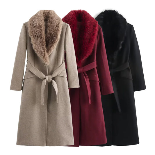 autumn and winter new women's clothing detachable fur collar tie coat