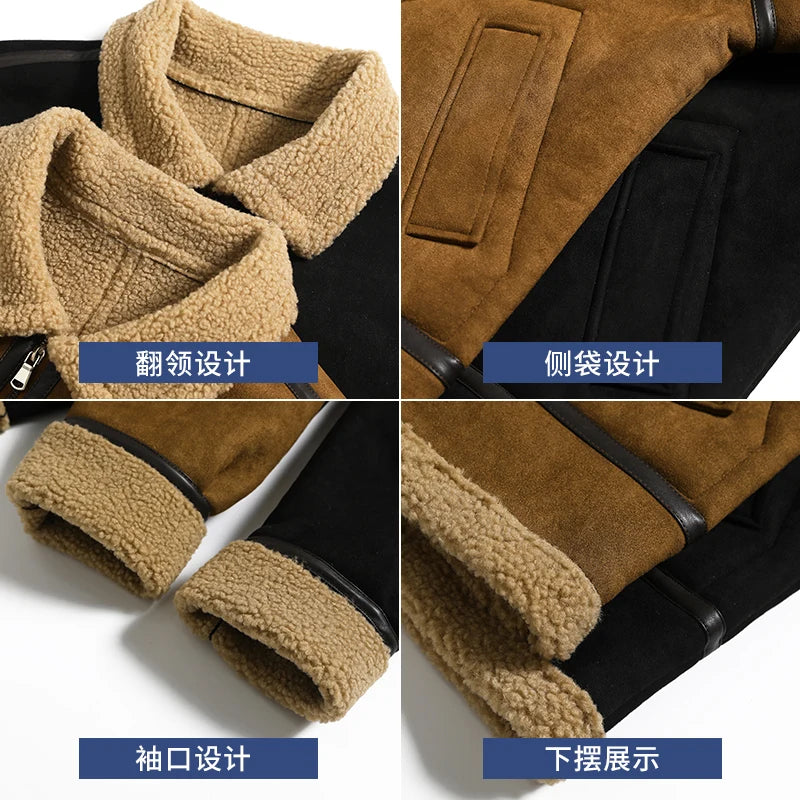 American Retro Fur One Piece Coat Men's Winter Thickened and Fleece