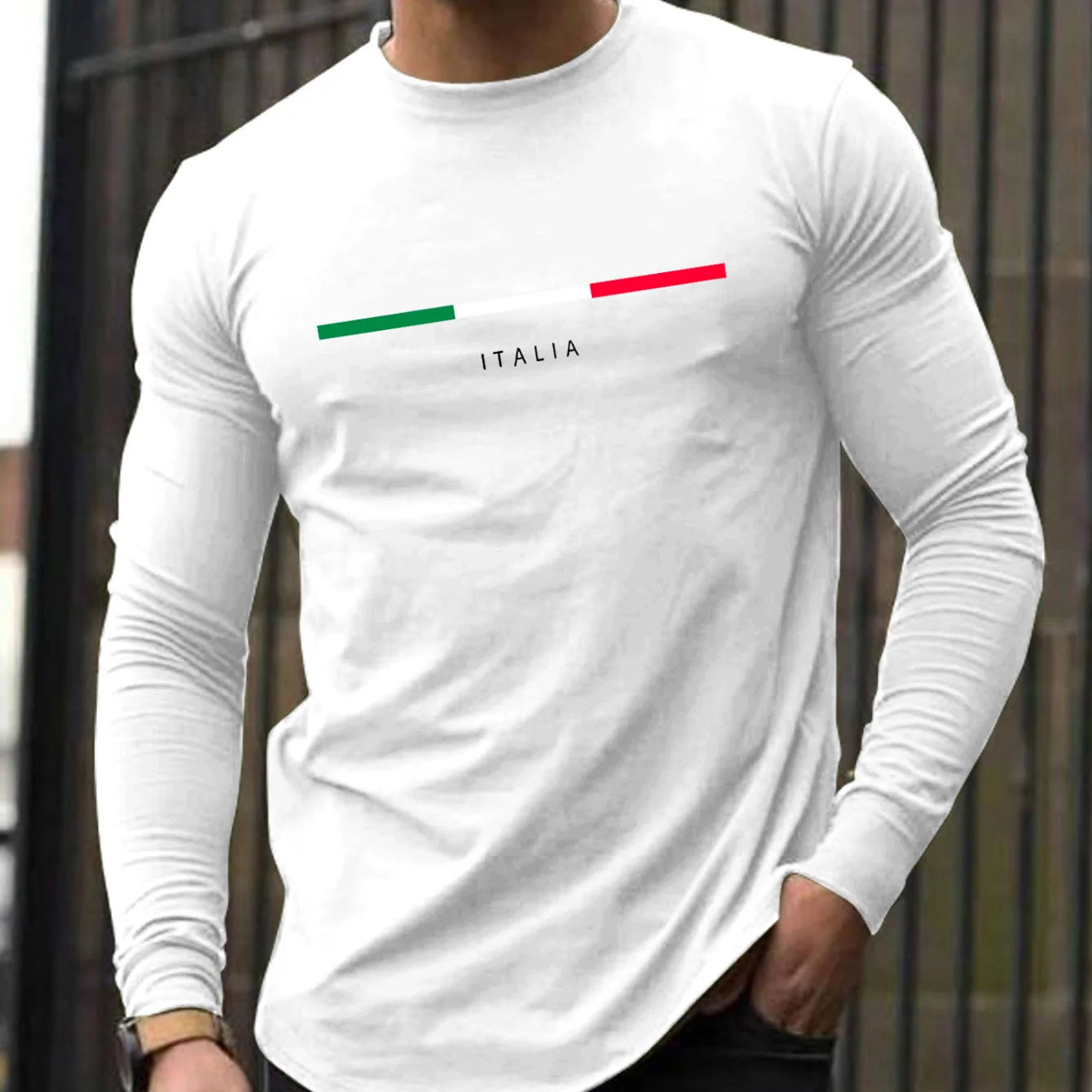 100% pure cotton men's long sleeved round neck loose ITALIA pattern printed spring and autumn casual versatile T-shirt top